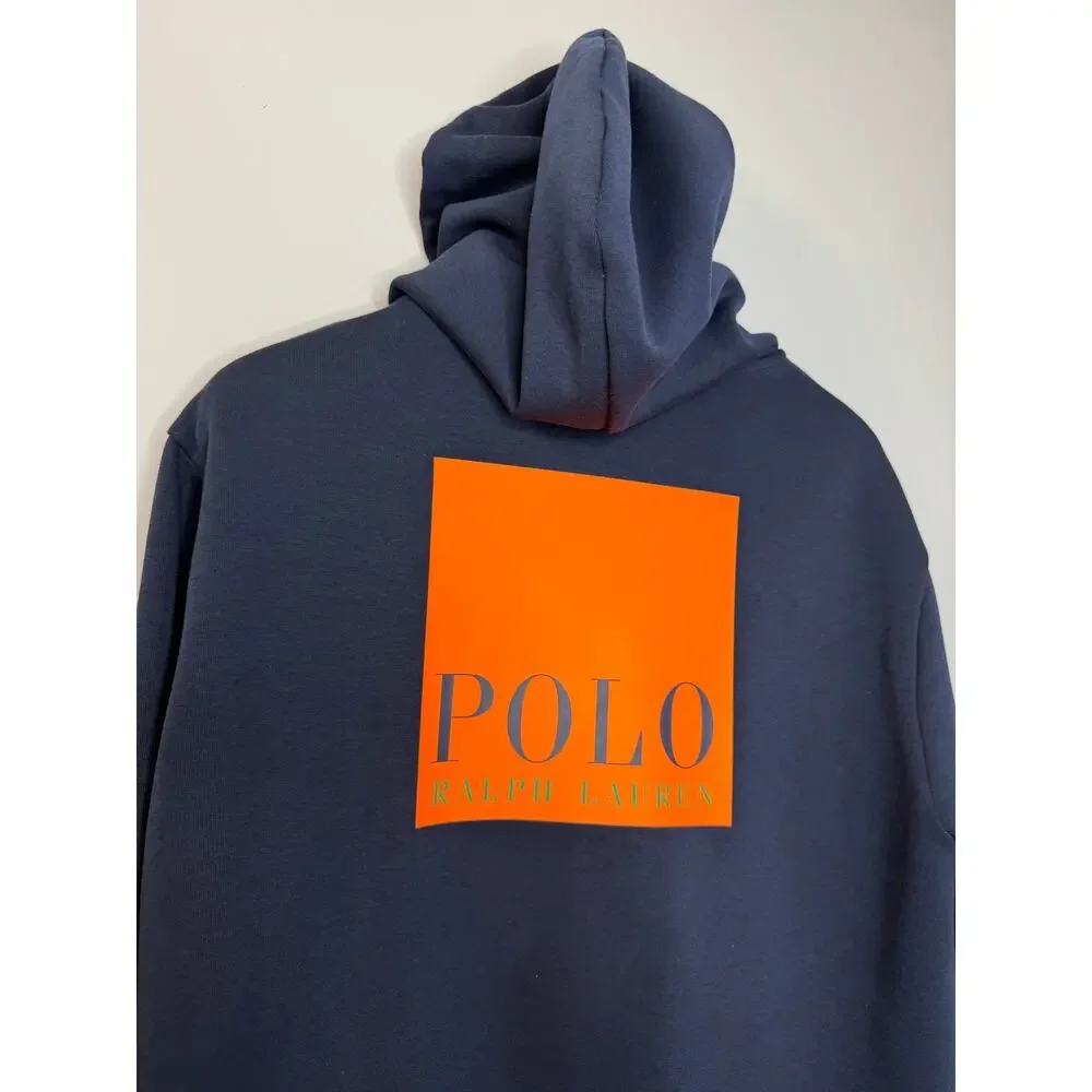 POLO RALPH LAUREN Men's Blue Double-Knit Full Zip Hoodie Box Logo Orange Blue L